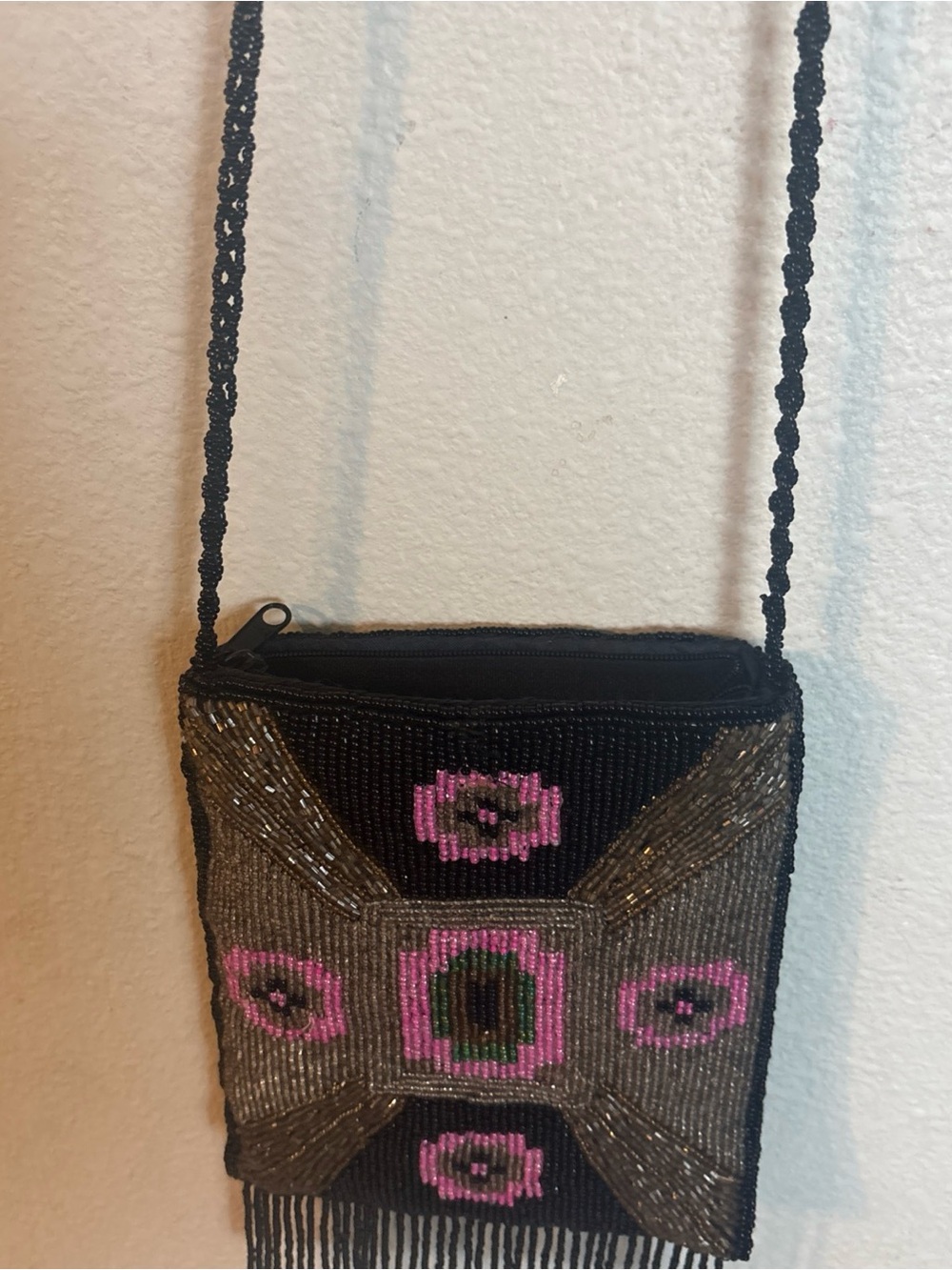 Beaded Crossbody Bag in Black and Pink